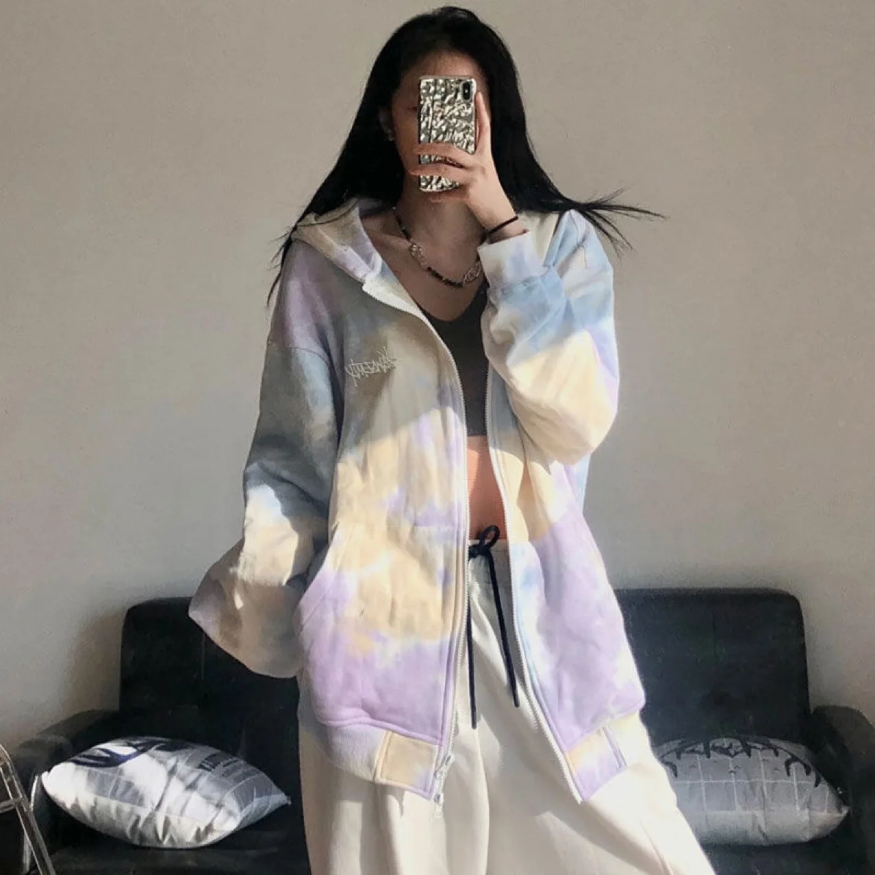 

2021 Autumn New Women's Sweatshirt Fashion Casual Long Sleeve Cardigan Fashion Tie-dye Printing Zipper Hooded Female Clothing