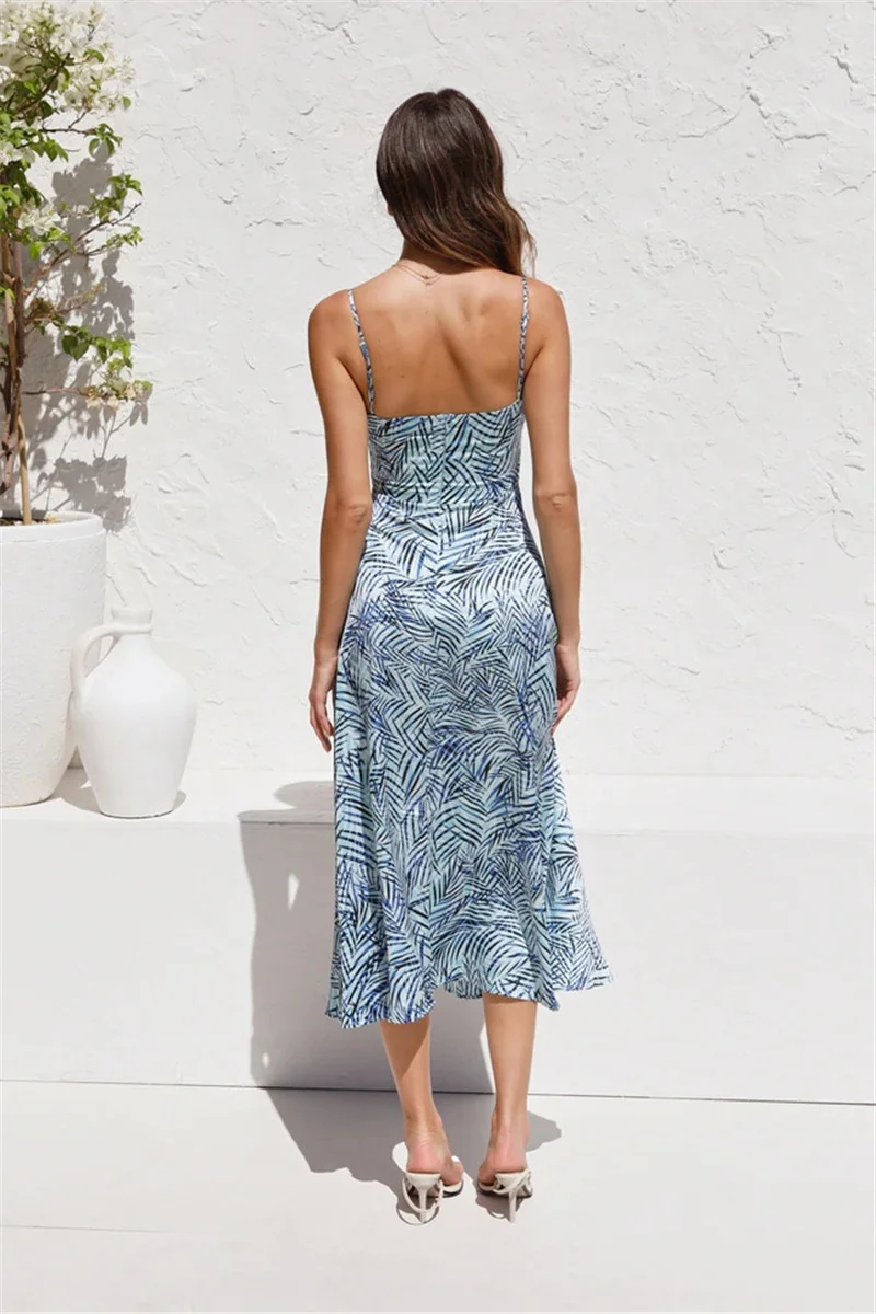 

Summer Dress For Women Spaghetti Strap Sexy Hollow Out High Waist Sleeveless Print Dress Bohemian Beach Party Dress Vestidos