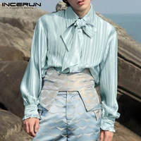 2021 men shirt vintage elegant striped lapel streetwear long sleeve men clothing with belt button casual camisas s 5xl incerun 7