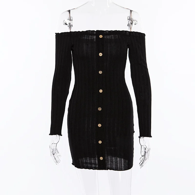 

My-Love Autumn Sexy Slim Dress Women Solid Color Off Shoulder Long Sleeve Sexy Slash Neck Bodycon Dresses Mini Party Dress