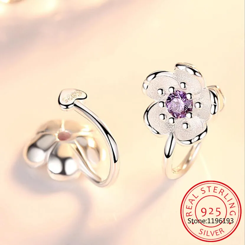 Детские серебряные розовые циркониевые милые серьги-клипсы в форме цветка вишни