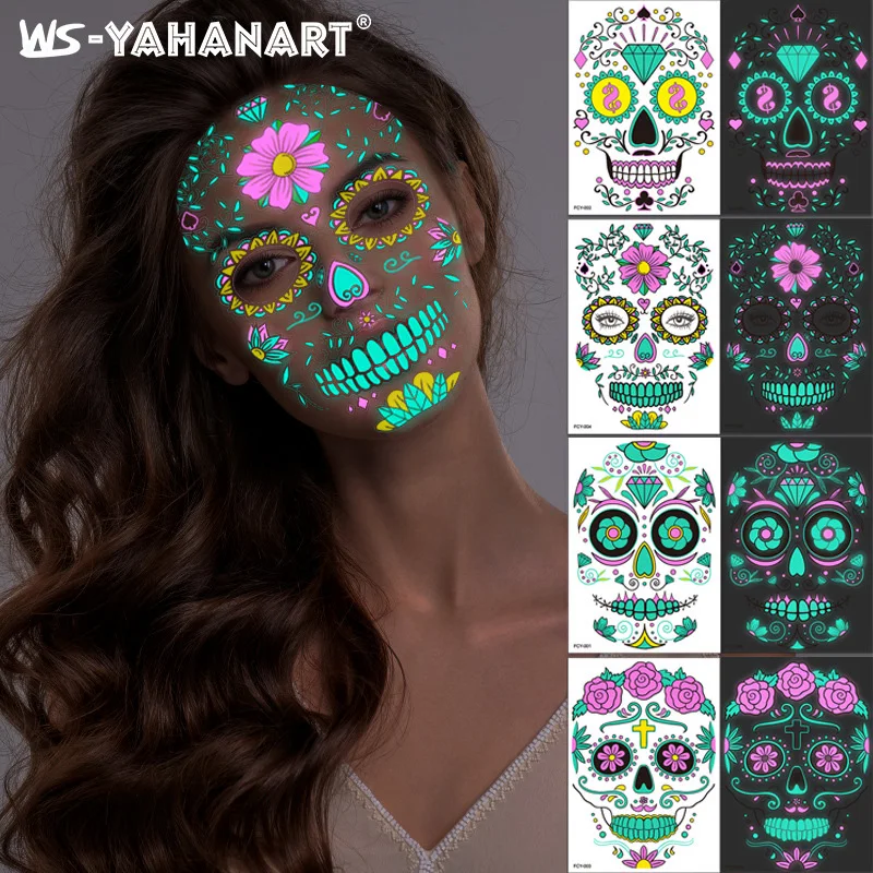 

Tattoo Stickers Luminous All Saints' Day Temporary Fake Tattoos Glow Paste on Face Arm Leg for thriller Body Art Mermaid Sticker
