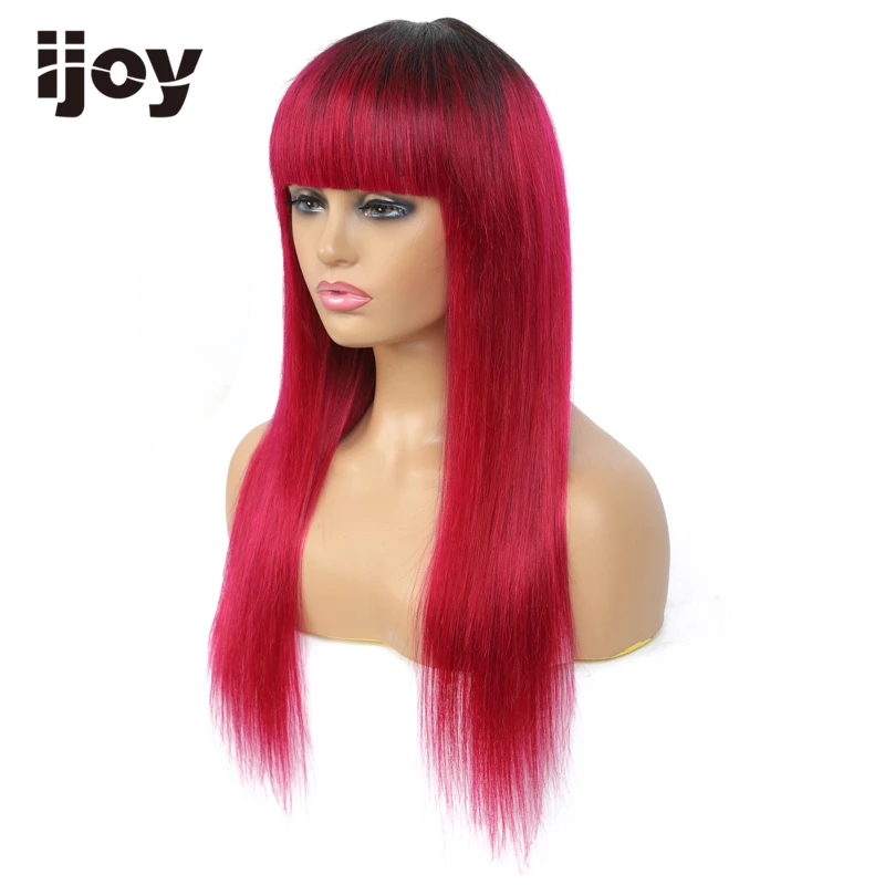 Парик из человеческих волос с челкой прямые волосы окрашенные Омбре бордовые