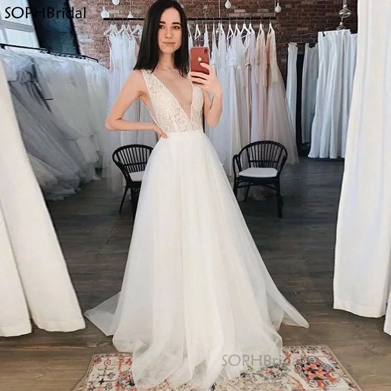 

Новое поступление сексуальное платье с v-образным воротом, свадебные платья с глубоким вырезом на спине трапециевидной формы кружевные пля...