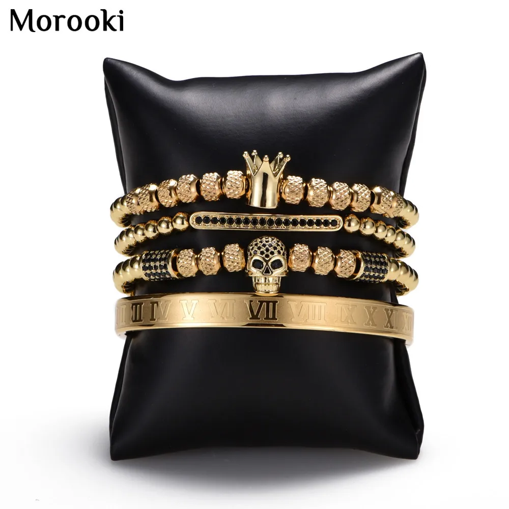 

4pcs/set Punk Classical Handmade Braiding Bracelet Gold Hip Hop Men Pave CZ Zircon Skull Roman Numeral Bracelet Luxury Jewelry