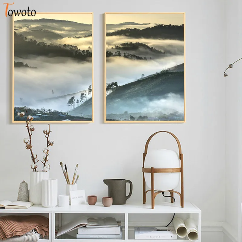 Скандинавский постер пейзаж холст живопись туман холмы деревянный лес печать