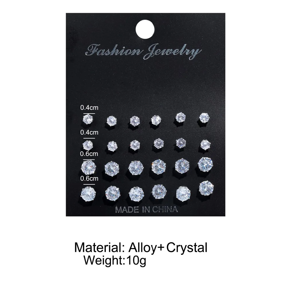 Комплект сережек для женщин и мужчин 12 пар/карт с белыми кристаллами серьги