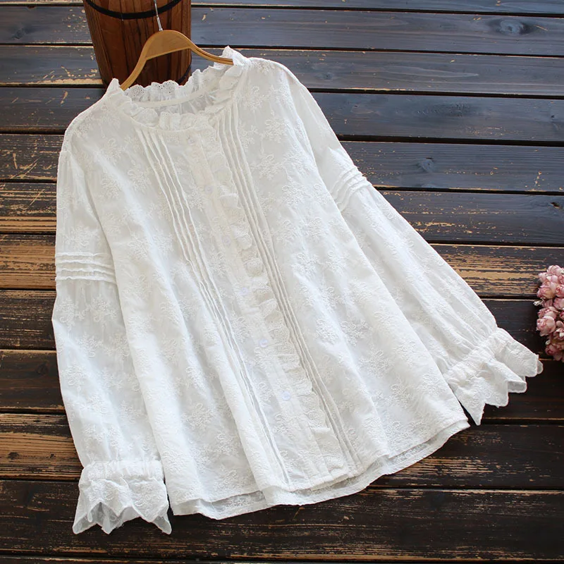 

8840New women's spring clothing shirt sweet Mori female simple embroidery pleated ruffle sleeve multi-button loose shirt