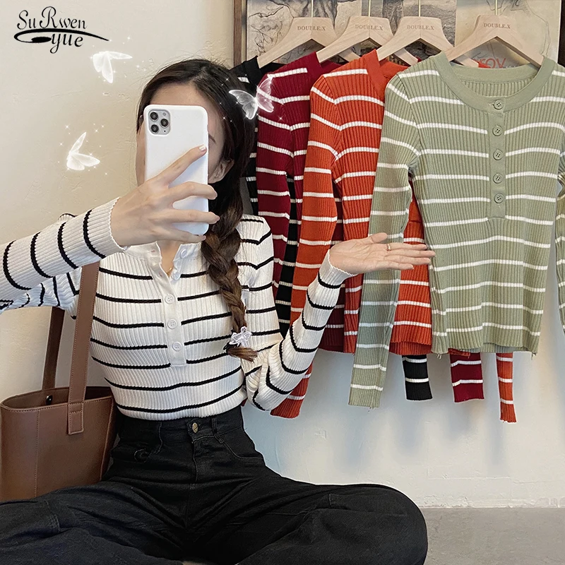 

Casual Slim Pullover Autumn 2021 Fashion Long Sleeve Knitted Sweaters Women Striped Bottoming Sweater New Female Clothes 17151