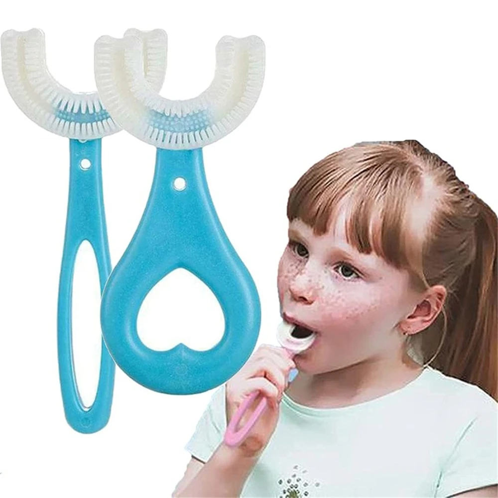 Cepillo de dientes en forma de U para ni&ntilde;os, mordedor infantil de 360 grados, cepillo de silicona para ni&ntilde;os peque&ntilde;os, cuidado bucal, limpieza-0