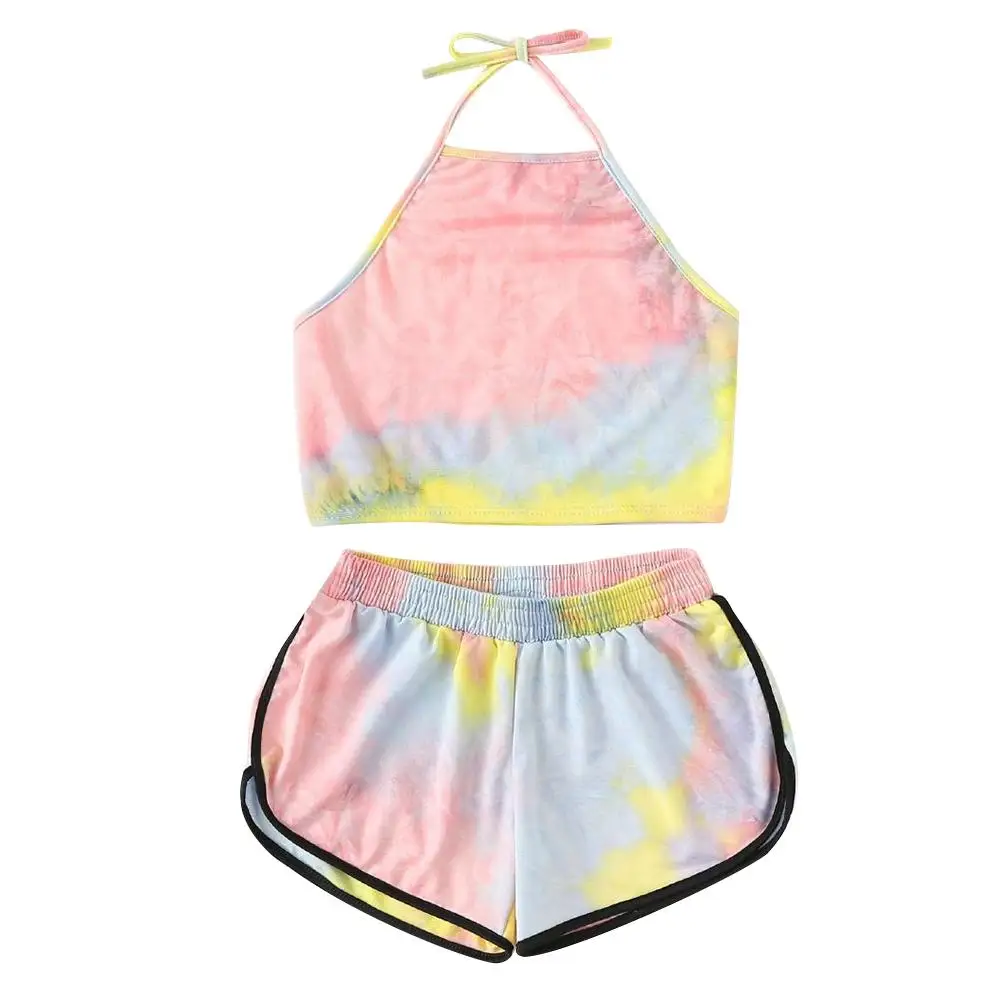 

2Pcs/Set Summer Women Tie Dye Halter Suit Sleeveless Backless Crop Top Shorts