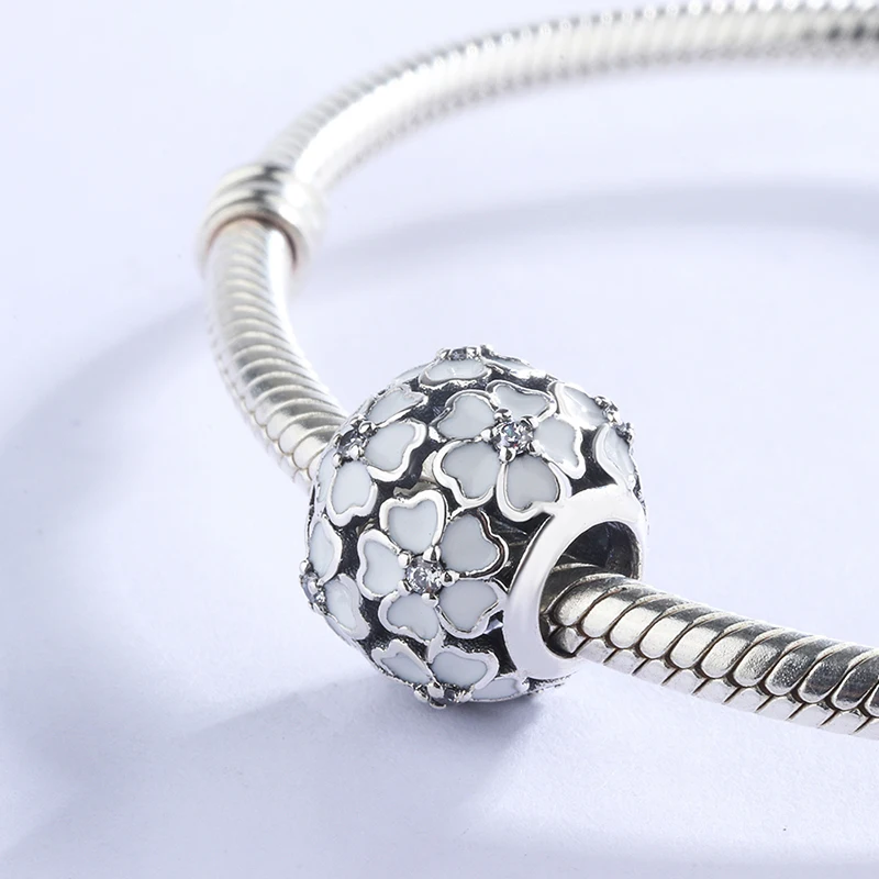 

925 Sterling Silver White Enamel Flower Round Crystal Beads Pendant Charm Bracelet DIY Jewelry Making For Original Pandora