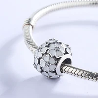 925 sterling silver white enamel flower round crystal beads pendant charm bracelet diy jewelry making for original pandora