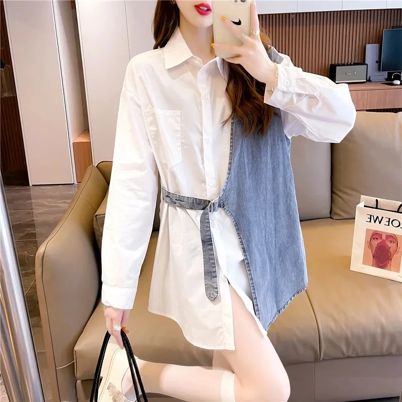 Женская комбинированная рубашка в ковбойском стиле свободная однобортная