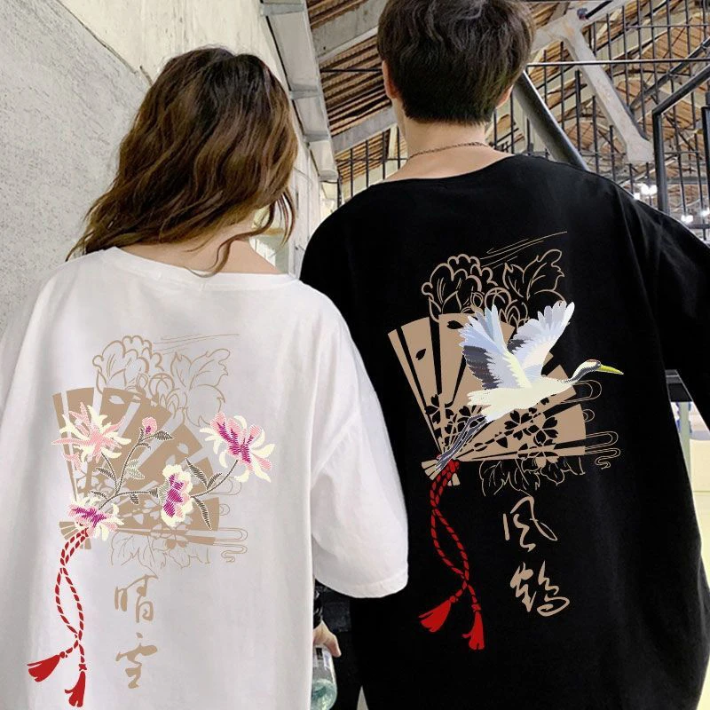 

Oversized 2xl Cotton 100% Crane Floral Print China Style Couples Summer Men T Shirt Short Sleeve Casual 2022 Japanese Streetwear