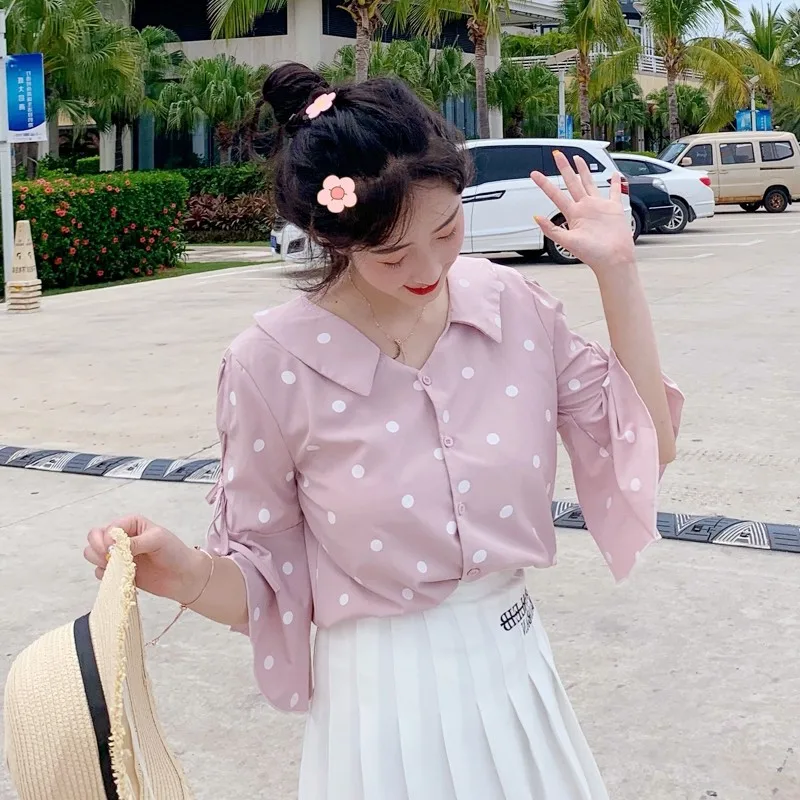 Повседневная Свободная рубашка в стиле ретро с волнистыми точками и коротким