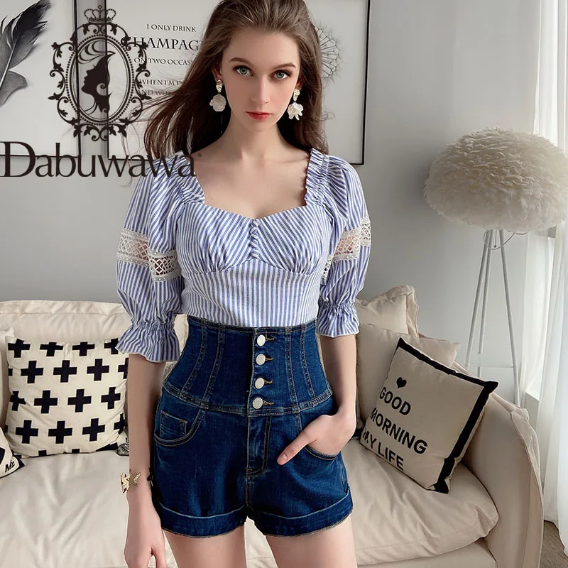 

Женские джинсовые шорты Dabuwawa, синие шорты с карманами и высокой талией, повседневные Прямые однобортные джинсовые шорты DT1BLJ003