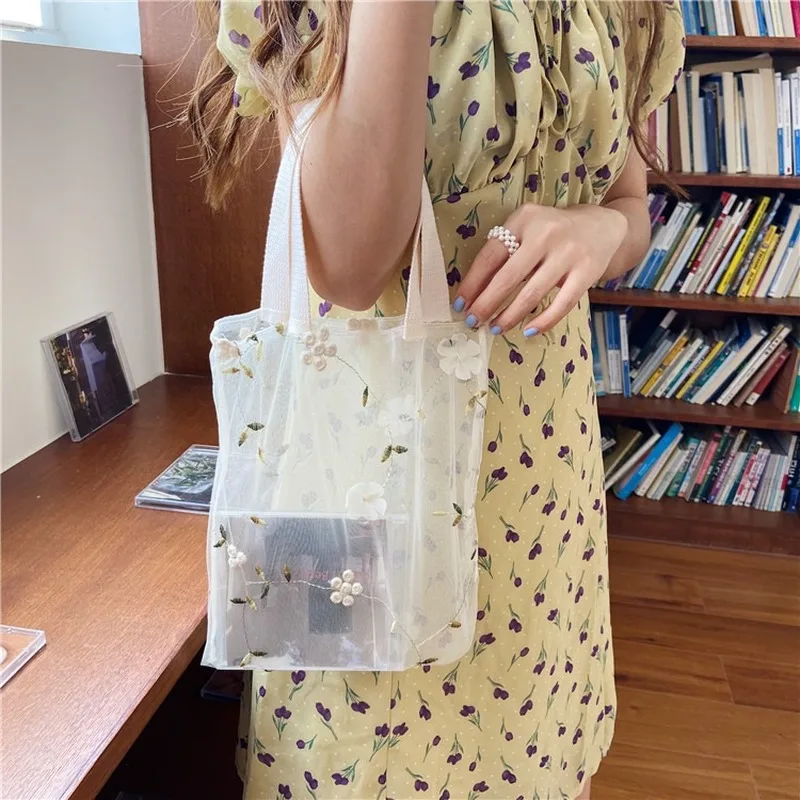 

Summer Hyuna Flower Bag Transparent Mesh Fairy Embroidered Tote Bag Beach Japanese Small Bag channels handbags