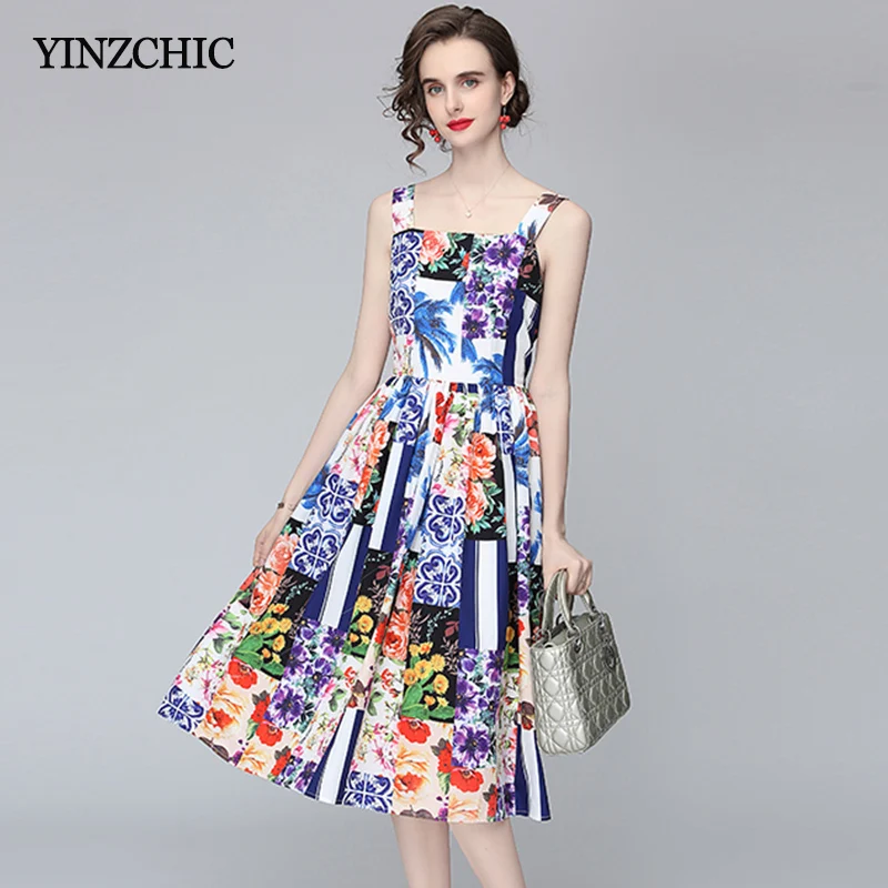 

Summer Woman Beach Dress Floral Printed A-line Skirts Sleeveless Spaghetti Mid Vestidos Travel Dress for Woman