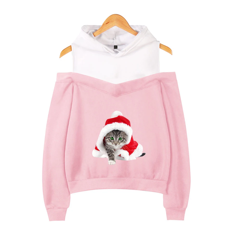 

Новые стильные толстовки с открытыми плечами, повседневные рождественские Женские/женские пикантные свитшоты Lecky на бретельках с принтом, свитшот, розовые Топы