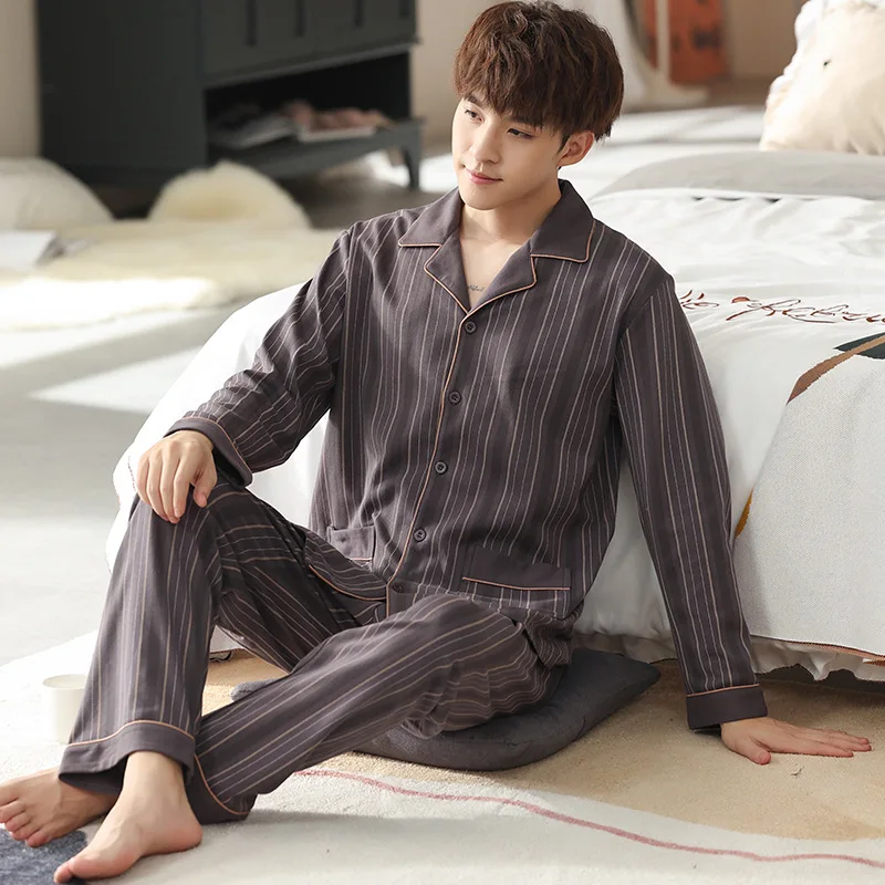 

Autumn Winter 100% Cotton Pijama For Men 2021 Sleepwear Pyjamas Blue Bedgown Home Clothes Man Bedroom Cotton Pajamas