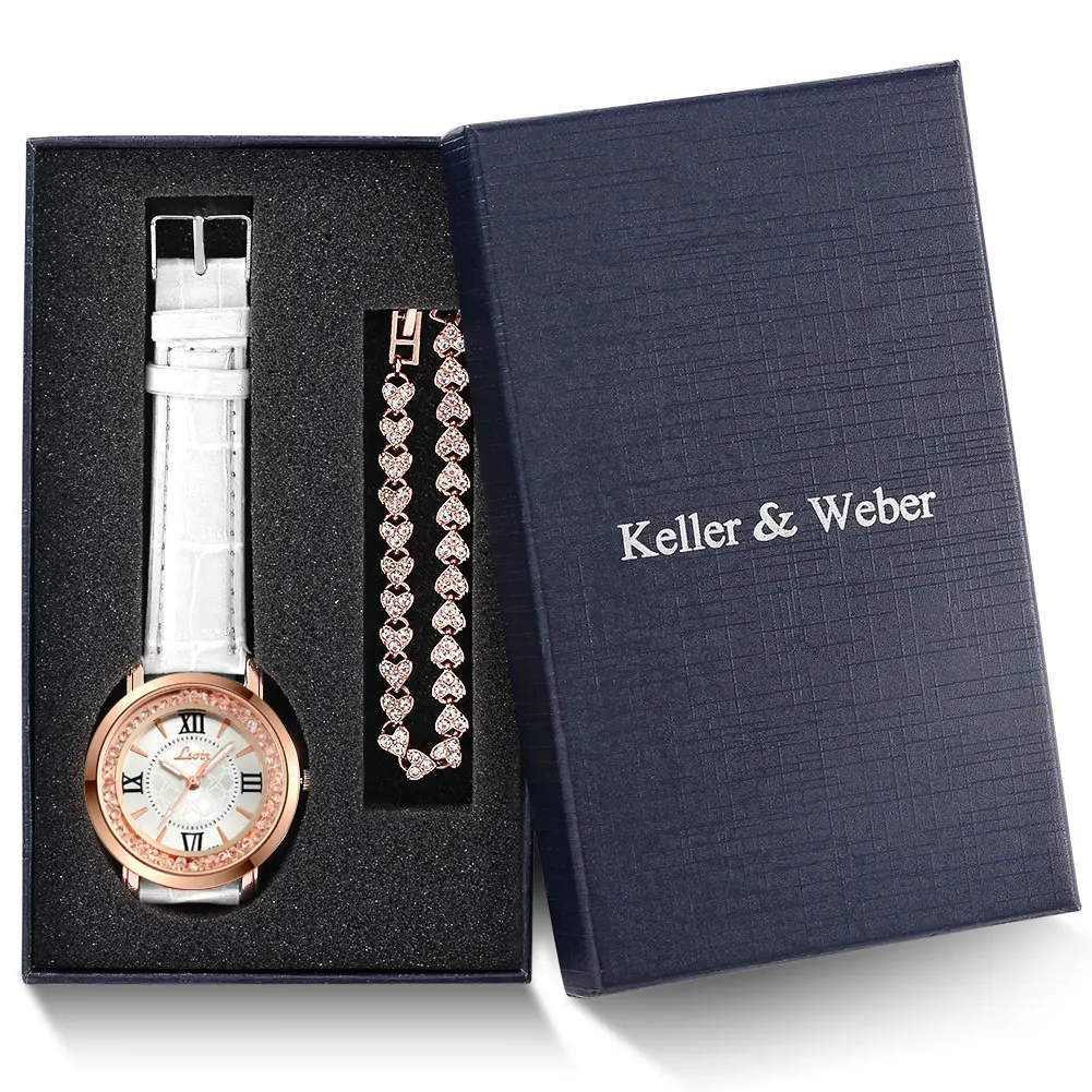 

Keller & Weber Elegant White Women's Watch Quartz Leather Watch Ladies Birthday Gifts Set Rose Gold Bracelet Best Gift for Mom