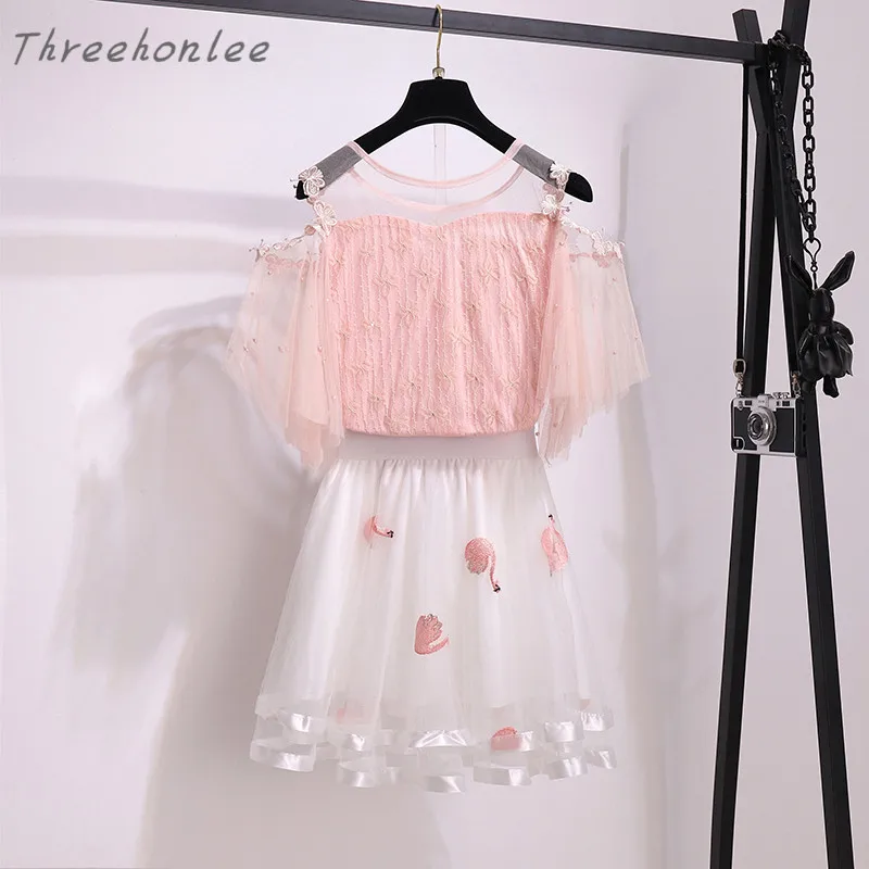

2021 Summer Women Sweet Two Piece Sets Lotus Leaf Sleeve Bowknot Hollow Blouse And Mesh Embroidery Skirt Female Elegant Suits