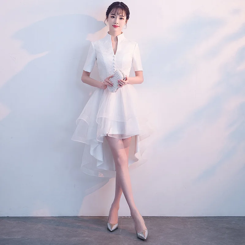 

White Womens V-Neck Mesh Long Party Dress New Evening Prom Half Sleeve Elegant Prom Chinese Style Vintage Gown Vestido XS-XXL
