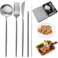 travel camping cutlery set 5 pcs portable utensils set including knife fork spoon cleaning brush straws portable casecolorful
