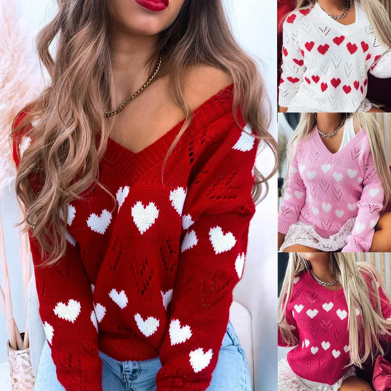 

V Neck Embroidery Heart Sweater Women Pullover Knitwear Korean Style Kawaii Jumper Winter Casual Sweaters Tops Sale