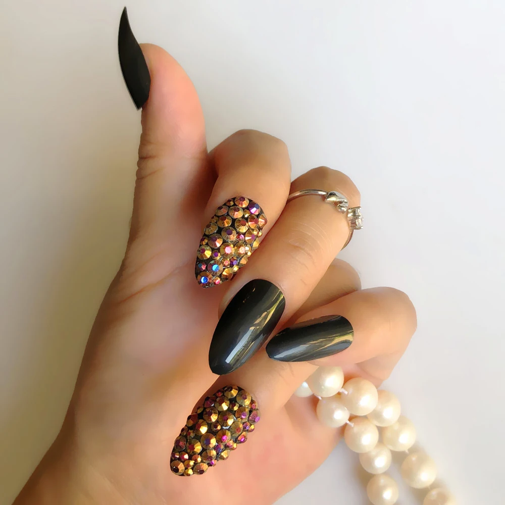 

Luxury Fake Nails Super Long Black Jewelry Design NailS Art tip Thin And Custom All Water Drill Decoration Skills Press On Nail