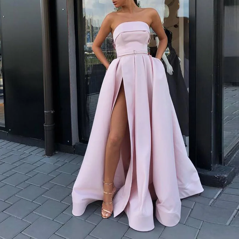 

2020 New Arrival Evening Prom Party Dresses Vestido de Festa Pink Satin Sexy Strapless Long Gown Formal Dress With High Split