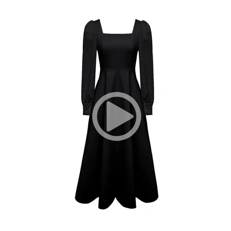 

Черная юбка Хепберн для женщин, осень 2021, маленькое черное тонкое платье с высокой талией и квадратным вырезом и длинными рукавами, осеннее ...