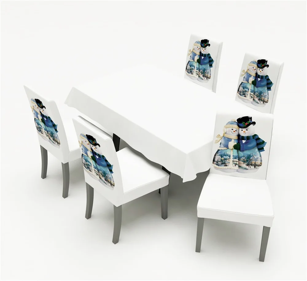 Рождественский декоративный чехол на стул стрейчевый со снеговиком для