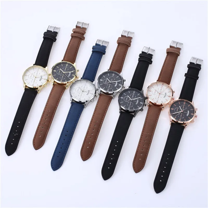 Повседневные мужские деловые часы с кожаным кварцем роскошные календарем и