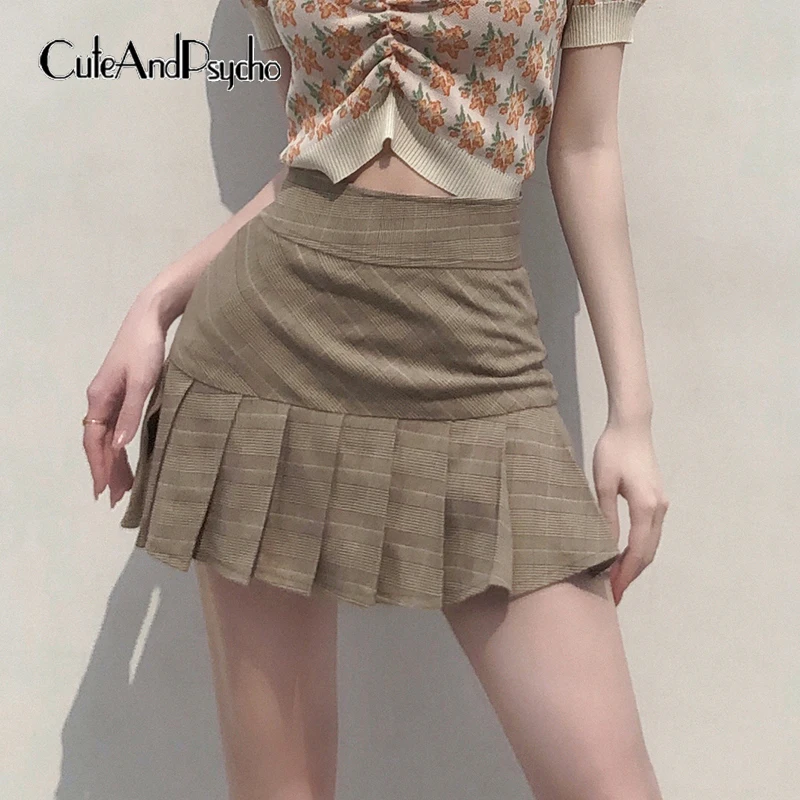 

Korean Plaid Print Pleated Skirts Women Vintage High Waist Mini Skirts Fashion Summer Harajuku Khaki Outfits Cuteandpscho