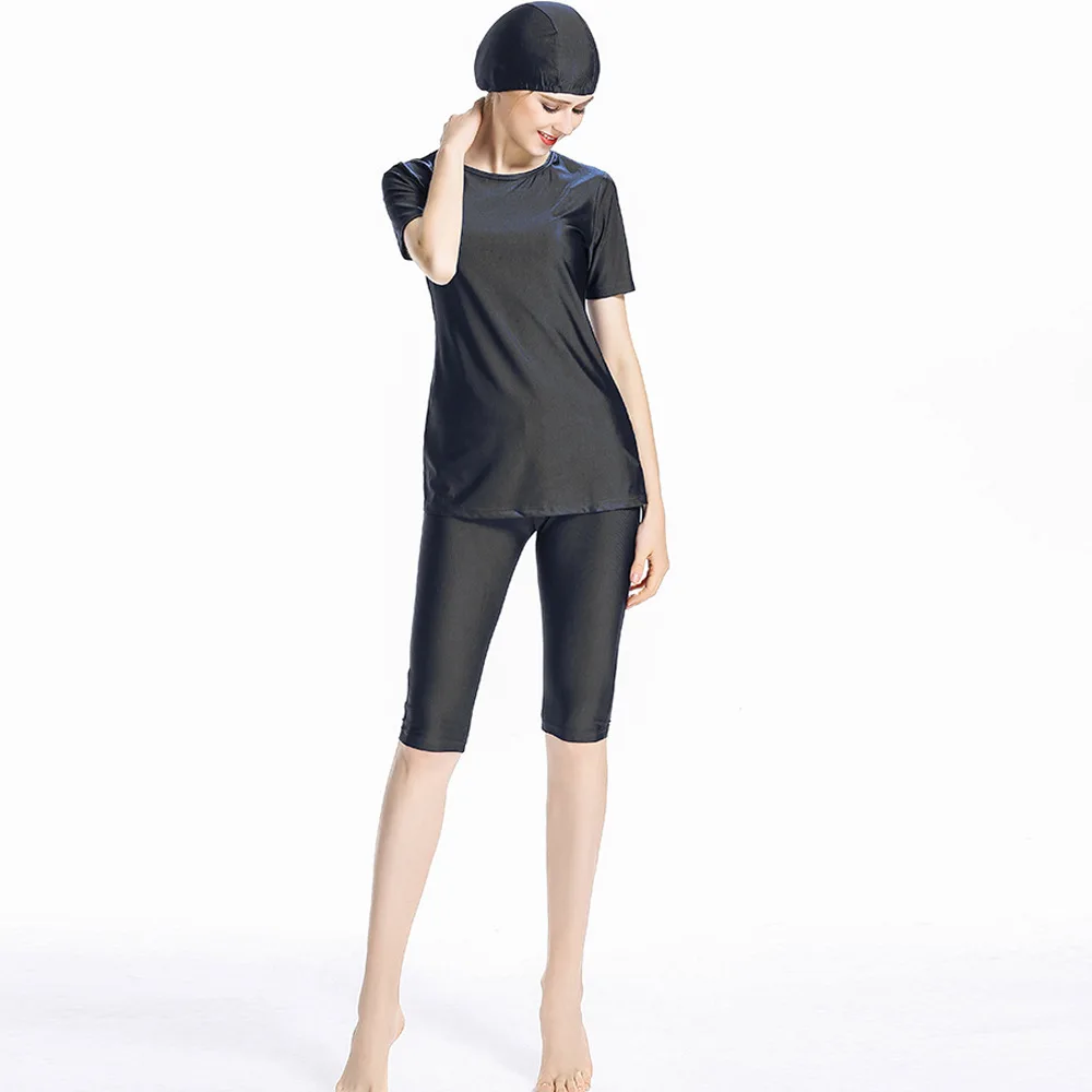 

2021 Women's Color Block Surfing Suit Modest Short Sleeve 3 Piece Swimsuit Swimwear Muslim Islamic Burkini Costume Top Pants Cap