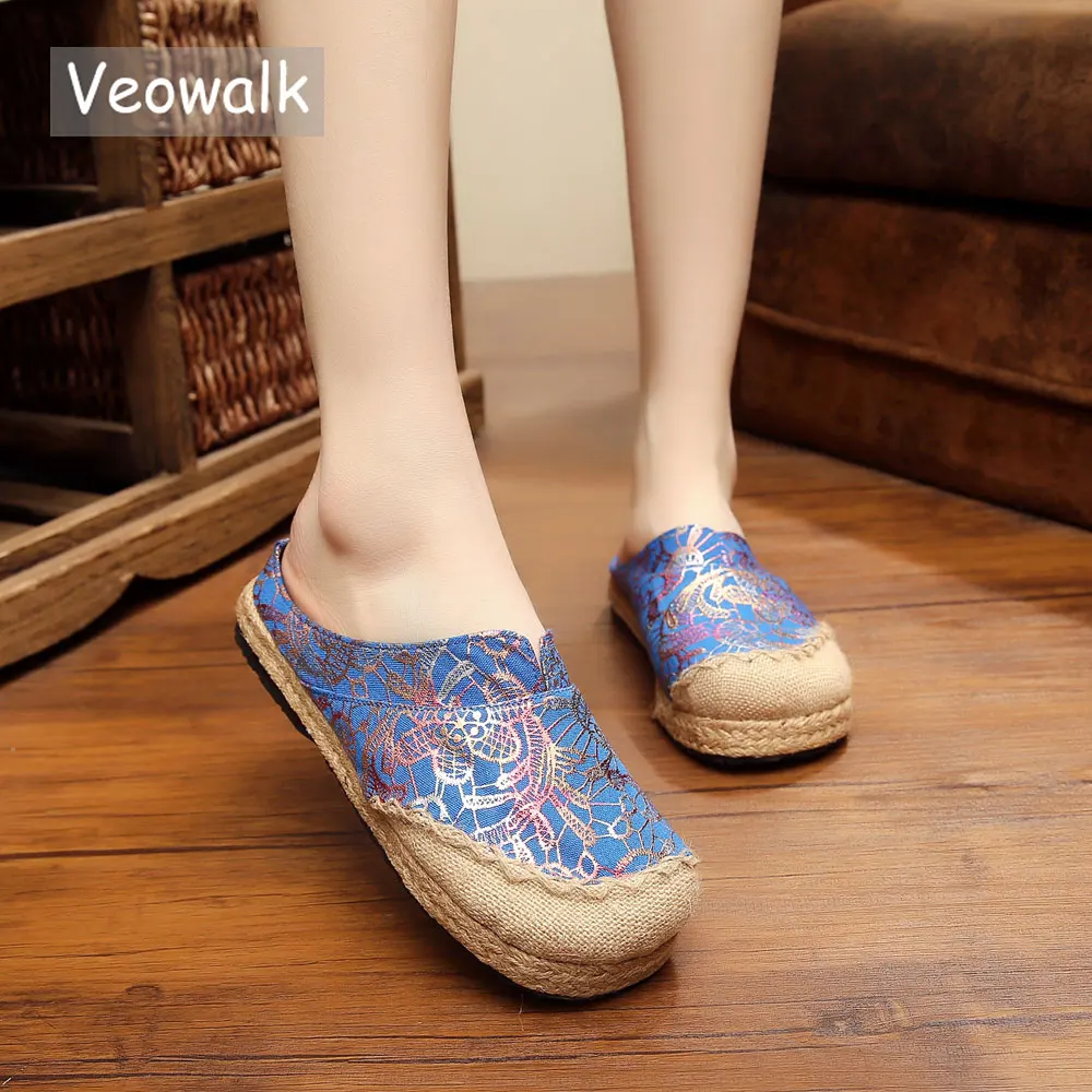 Veowalk женские льняные тапочки ручной работы с вышивкой закрытым носком богемные