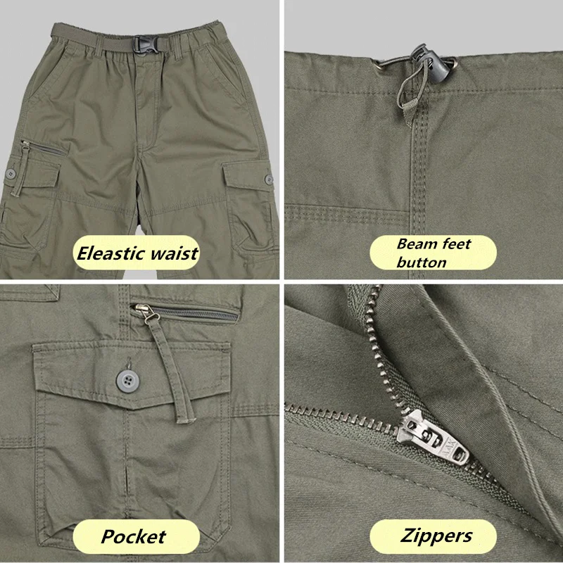 

Male Casual Shorts Multi Pockets Summer Loose Zipper Breeches Plus Size Short Pant Casual Cotton Middle Long Mens Cargo Shorts