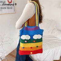 rainbow striped woven shoulder bag cute women woolen knitted handbag large capacity shopping tote embroidered crossbody bag