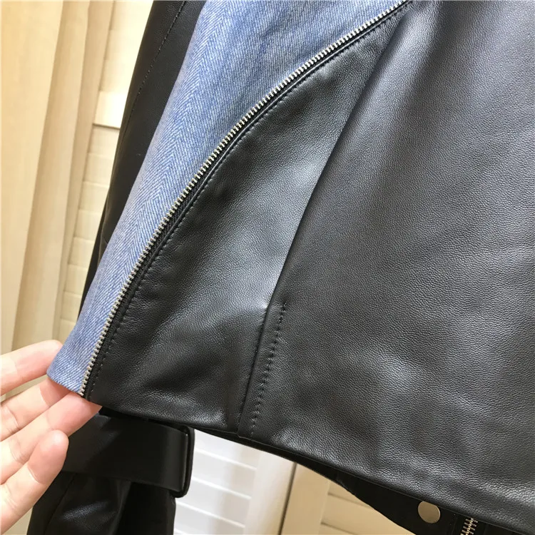 Europe Style Women Autumn Denim color patchwork leather jackets High quality pockets Genuine leather women coat C504