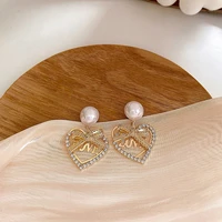 mengjiqiao 2020 new elegant shiny rhinetone hollow heart pendientes mujer moda bijoux fashion pearl metal earrings jewelry