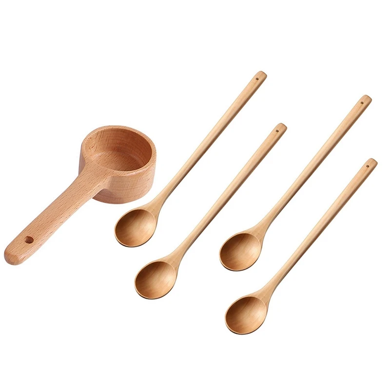 

5PCS Long Handle Natural Wooden Spoon Wood Tableware Kitchen Soup Spoon Ladle Scoop, 15 x 5cm & 33 x 5cm