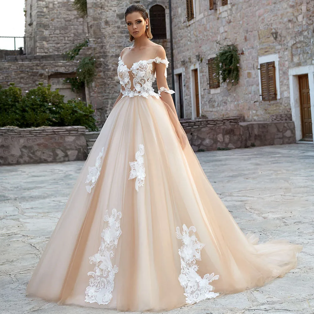 

A-Line Wedding Dresses O Neck Off Shoulder Backless Appliqued Flowers Pearls Sequined 2021 New Arrival Floor Length Bridal Gown