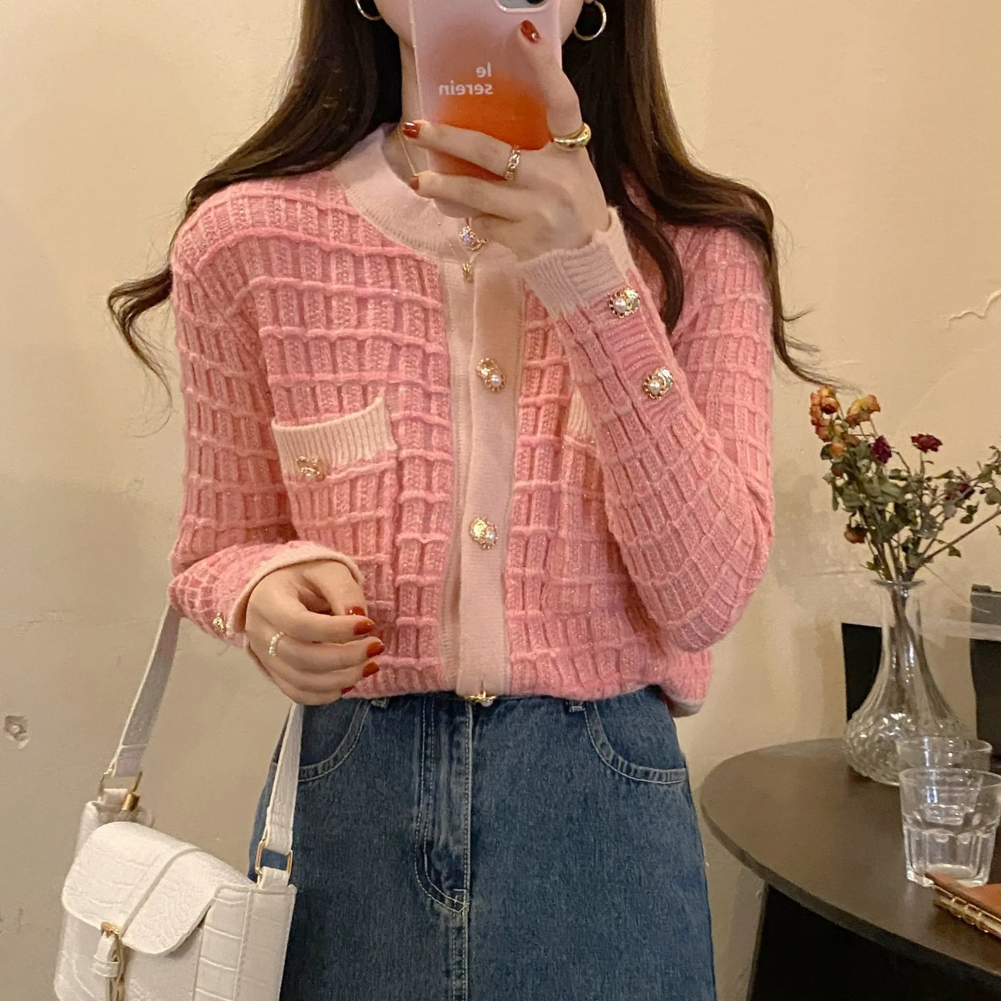 

Hzirip Plaid Women O-Neck Knitting Sweater Solid Button Sweater French 2021 New Autumn Office Lady Loose Gentle Fashon Elegant