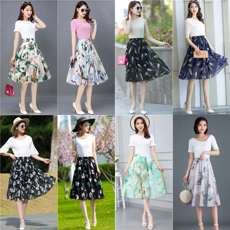 

2021 summer fashion Chiffon A-line long floral pleated print versatile fairy Knee-Length empire Elastic waist Casual woman skirt