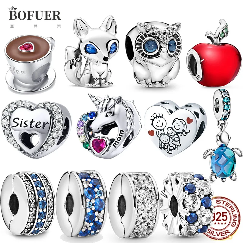 

2021 925 Sterling Silver Coffee Fox Owl Apple Freehand Heart Clip Charm bead Fit Original Pandora Bracelet DIY Jewelry For Women