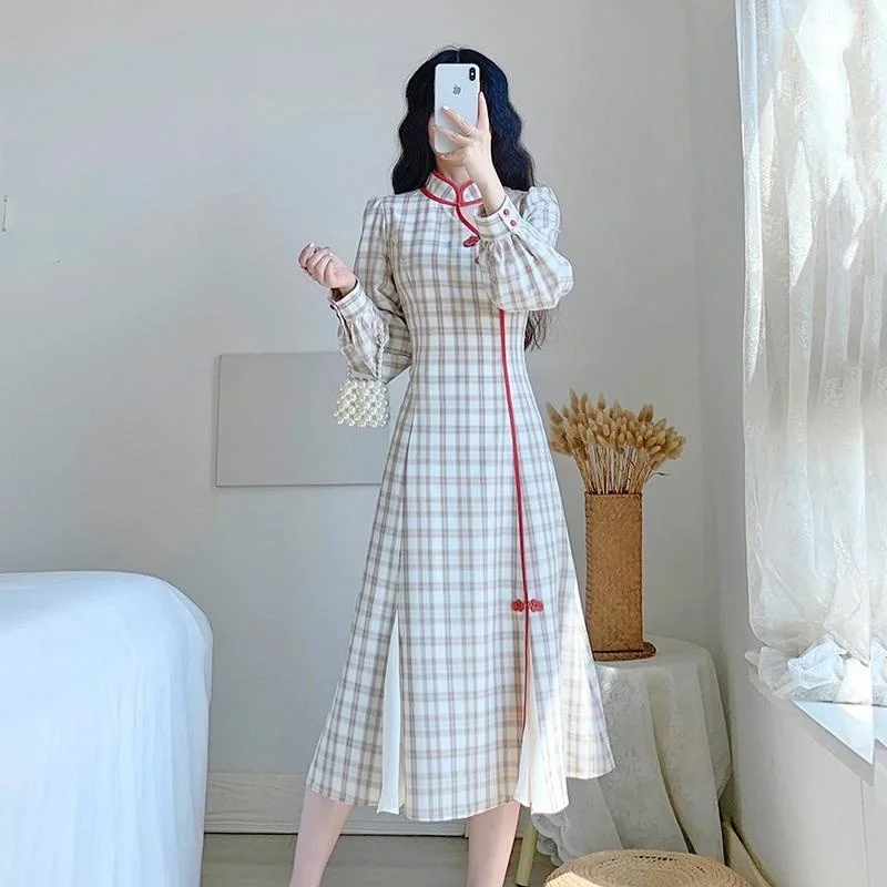 

Китайское женское платье в клетку Hanfu, Осеннее винтажное платье-Ципао с длинным рукавом, Восточное элегантное платье