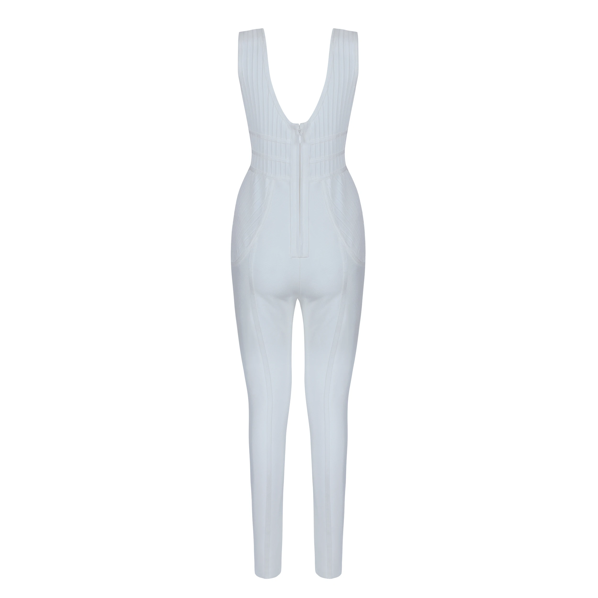

New Arrival White Sleeveless Hollow Out V Neck Rayon Bandage Jumpsuit Elegant Cocktail Party Wear Vintage Vestios