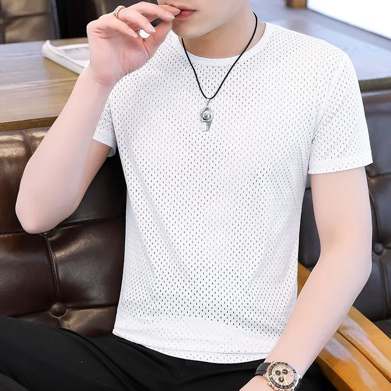 

2021 new men's summer and summer short-sleeved refreshing sweat-absorbent exhaust Slim solid color breathable TT shirt